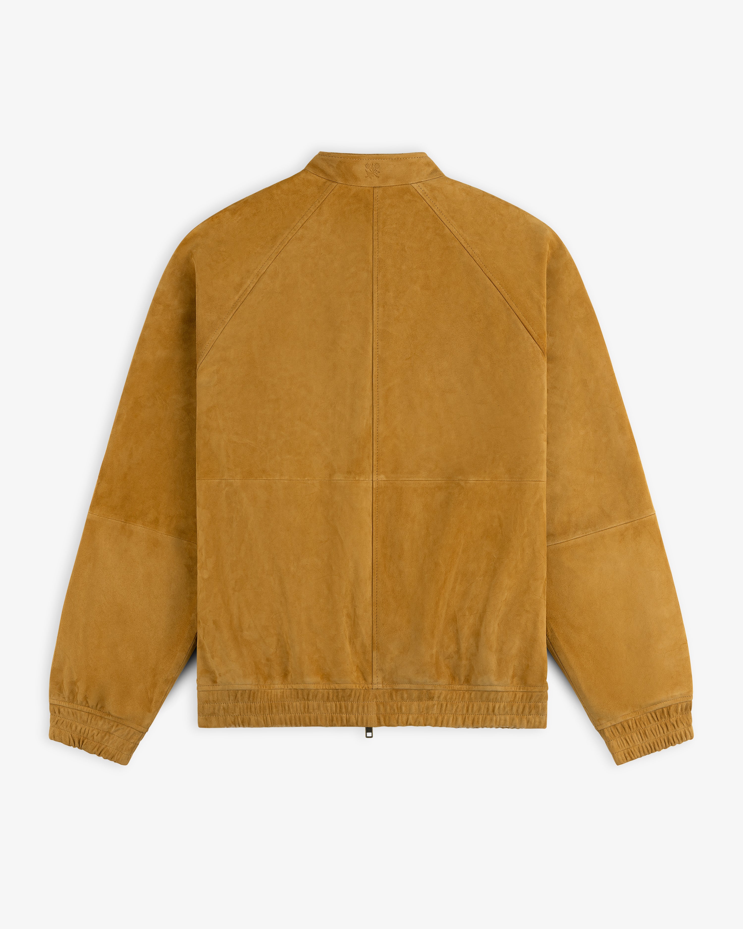 Suede Cafe Racer Jacket shown from the back, featuring long sleeves, elastic cuffs, and a simple straight hem.