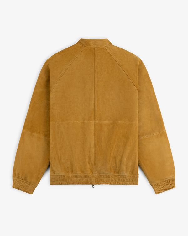 Suede Cafe Racer Jacket shown from the back, featuring long sleeves, elastic cuffs, and a simple straight hem.