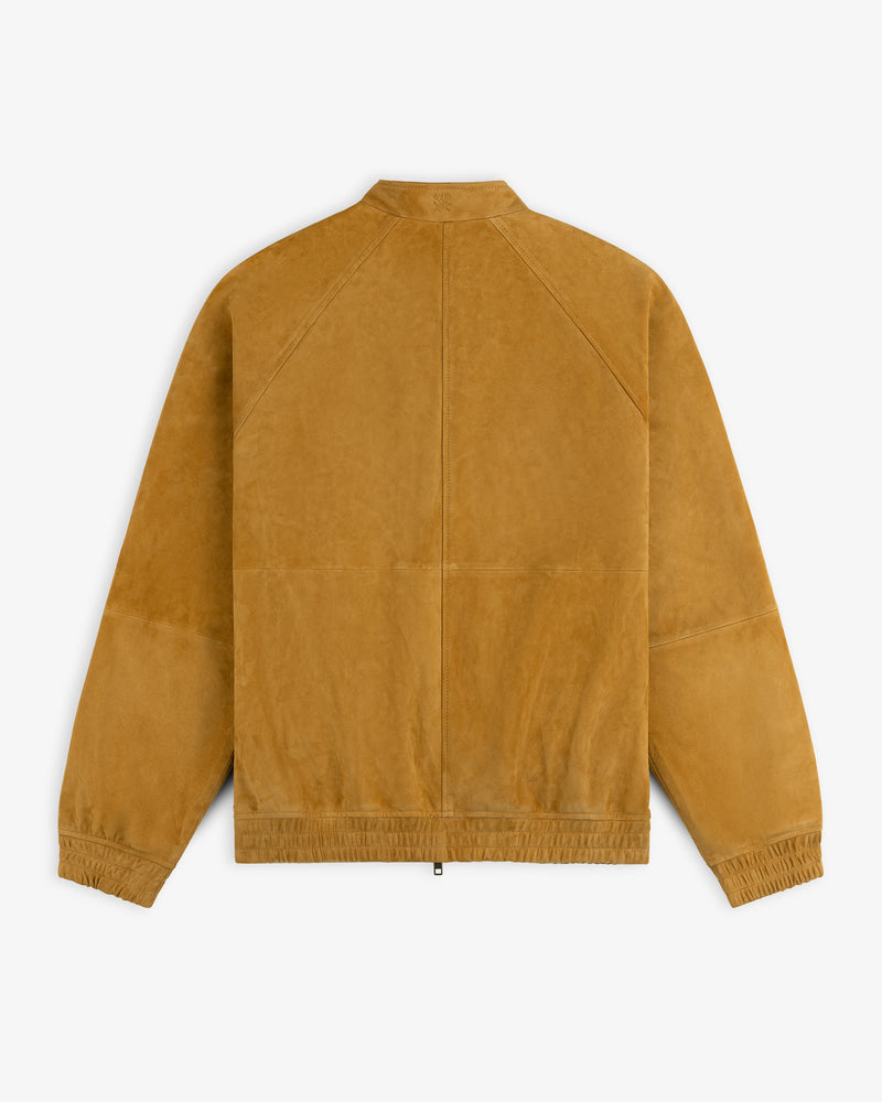 Suede Cafe Racer Jacket shown from the back, featuring long sleeves, elastic cuffs, and a simple straight hem.