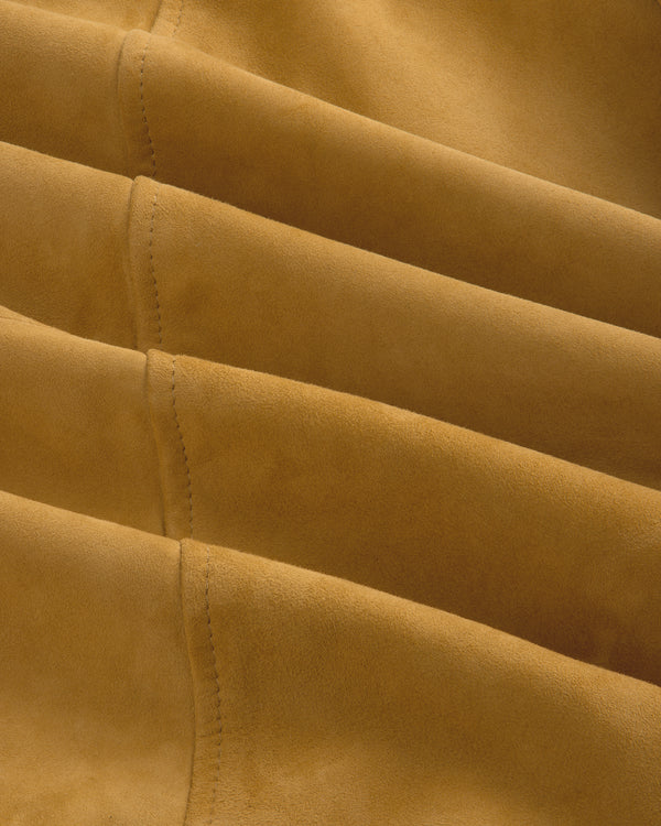 Close-up of brown suede on the Suede Cafe Racer Jacket, highlighting stitching and soft texture.