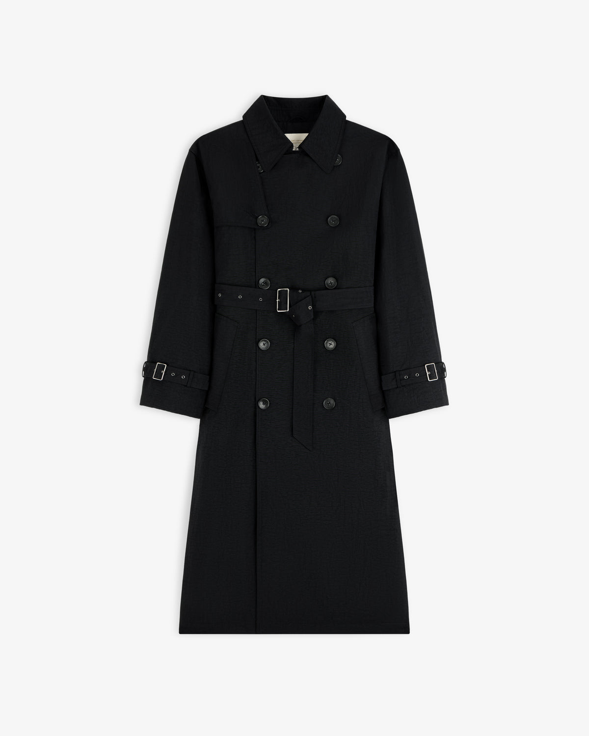 Double Breasted Nylon Trench Coat with belted waist, shown on a plain white background.