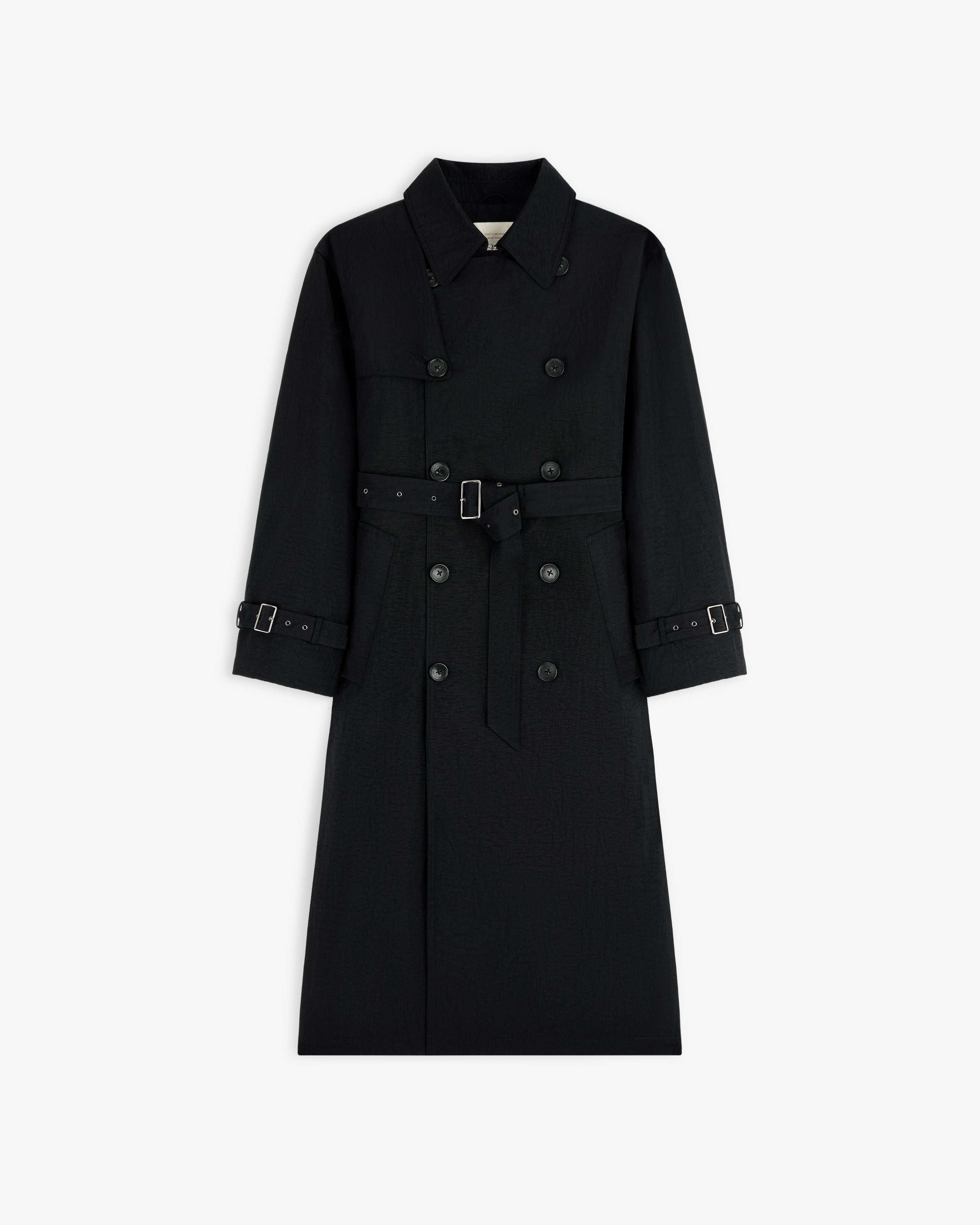 Double Breasted Nylon Trench Coat with belted waist, shown on a plain white background.