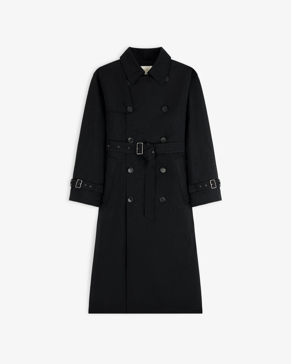 Double Breasted Nylon Trench Coat with belted waist, shown on a plain white background.