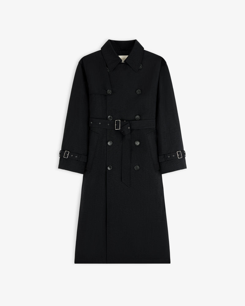Double Breasted Nylon Trench Coat with belted waist, shown on a plain white background.