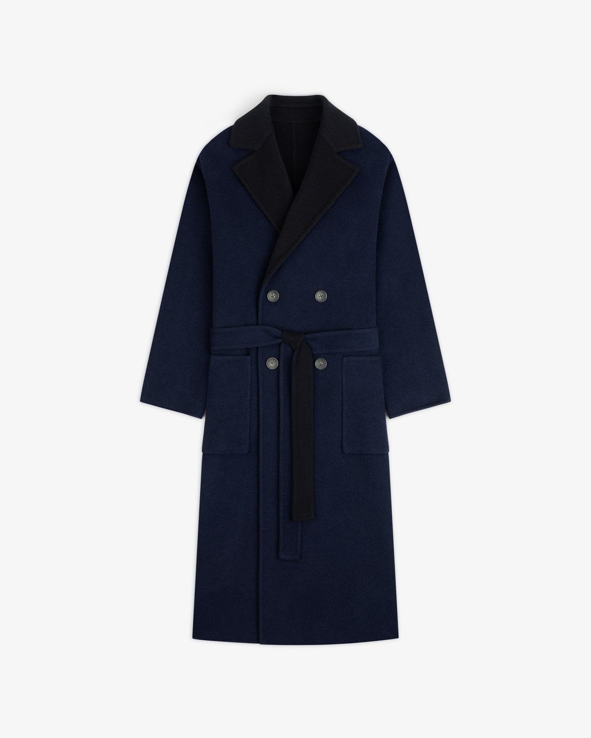 Reversible Double Breasted Top Coat in navy blue with a black collar and matching waist tie.