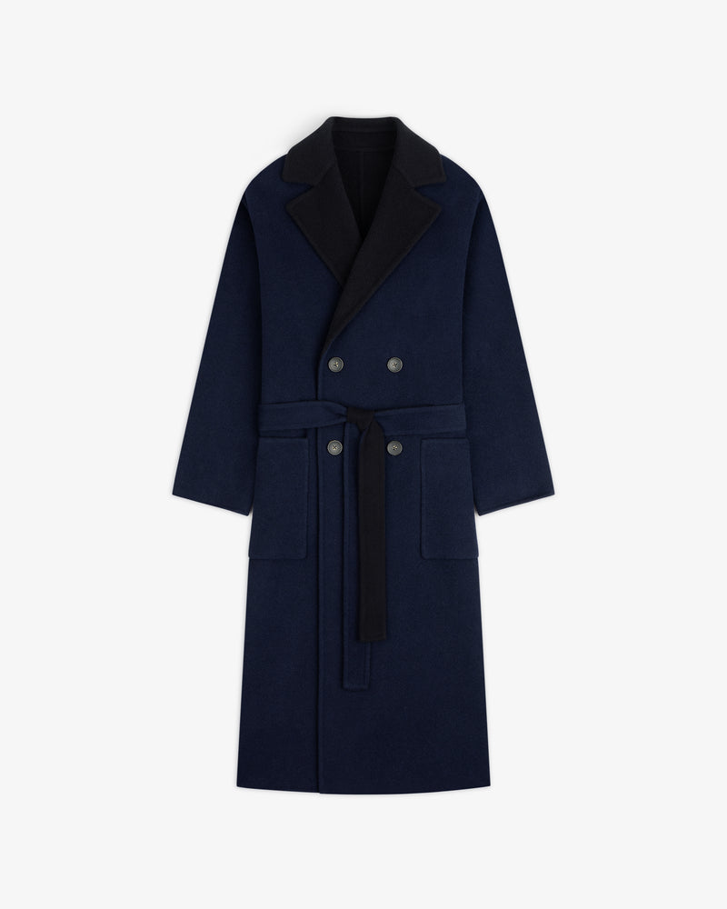 Reversible Double Breasted Top Coat in navy blue with a black collar and matching waist tie.