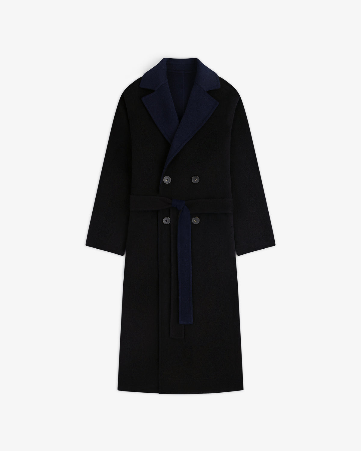 Reversible Double Breasted Top Coat in black with a dark blue collar and waist tie.