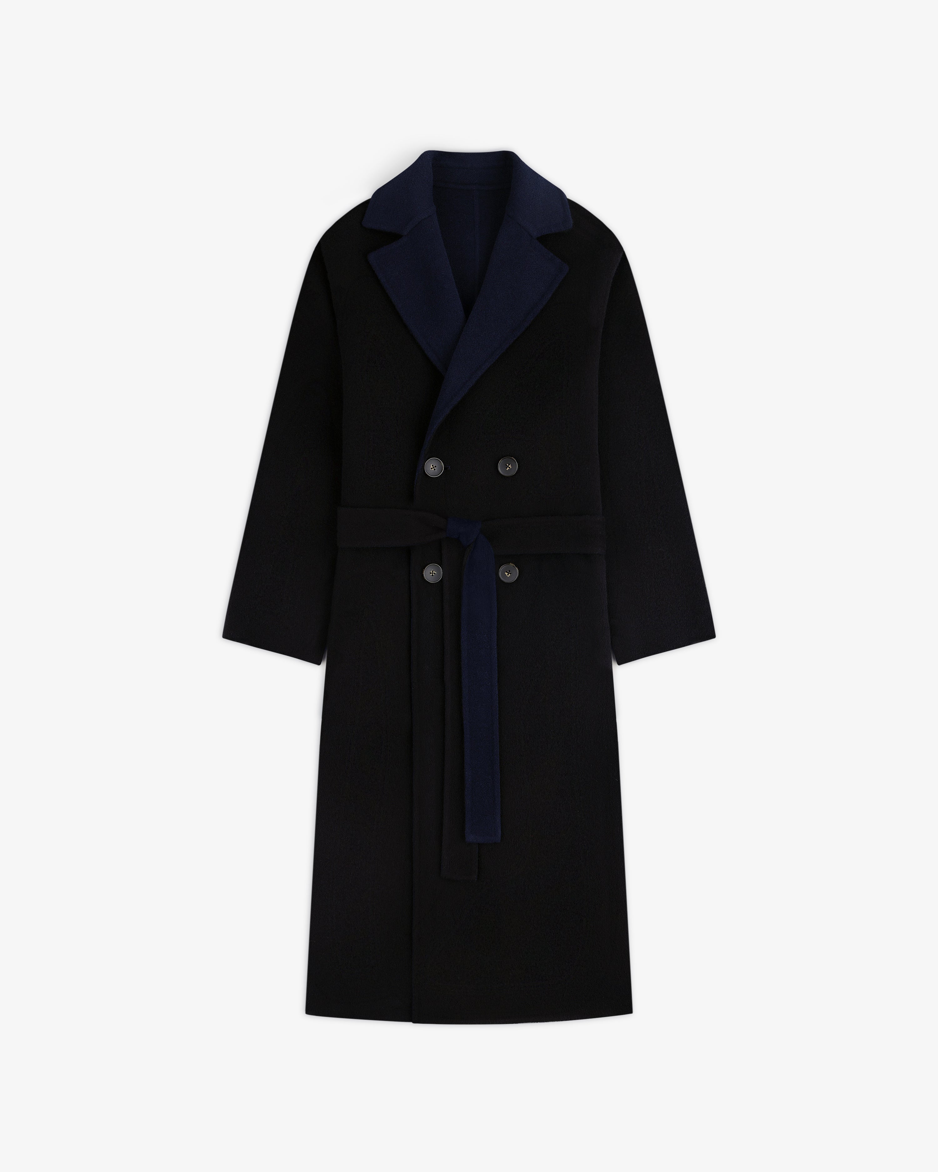Reversible Double Breasted Top Coat in black with a dark blue collar and waist tie.