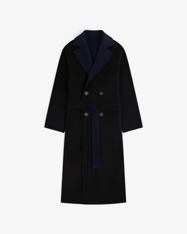 Reversible Double Breasted Top Coat in black with a dark blue collar and waist tie.