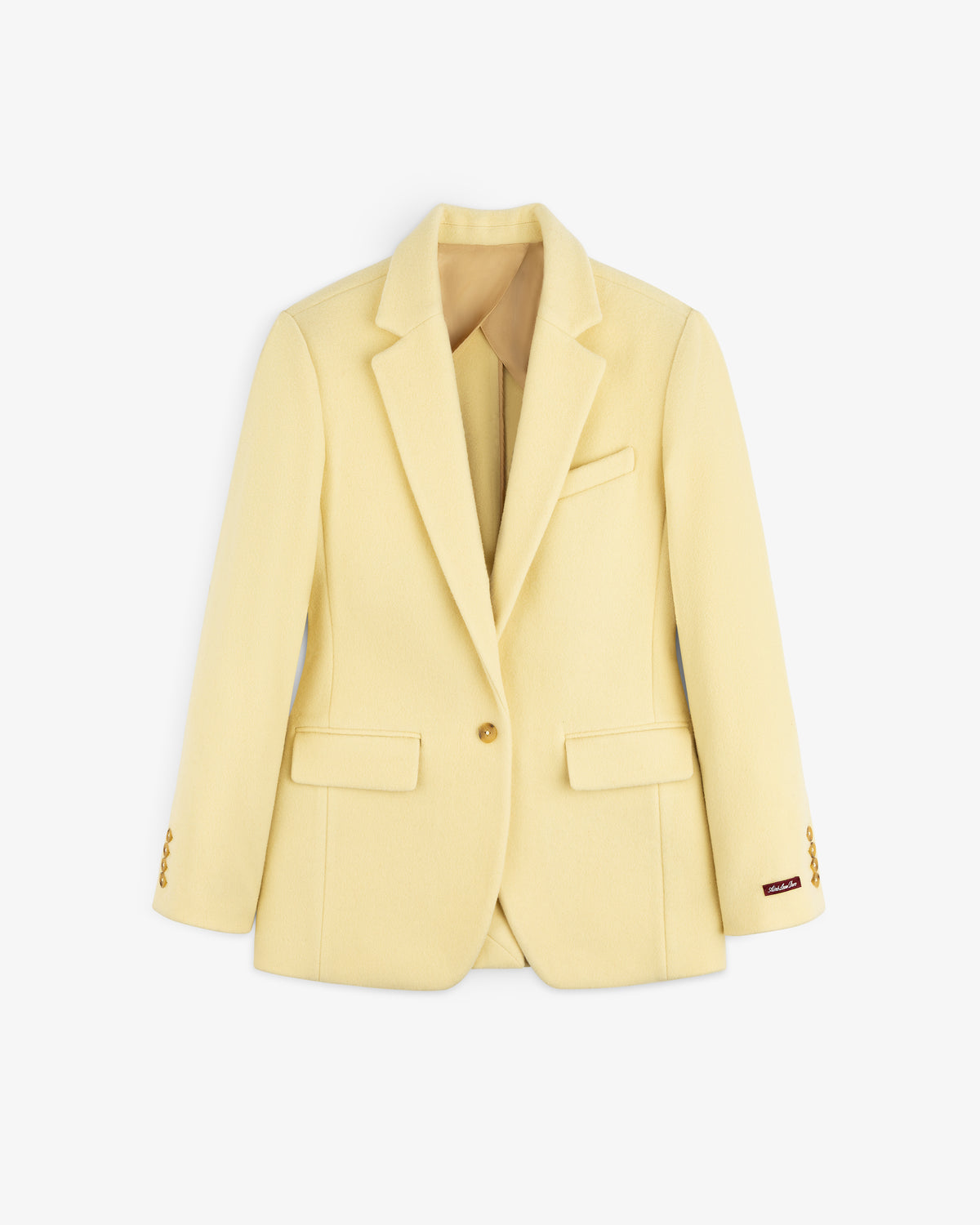 Single-breasted pale yellow Wool Sportcoat with a notched lapel and buttoned cuffs.