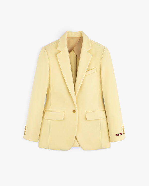 Single-breasted pale yellow Wool Sportcoat with a notched lapel and buttoned cuffs.
