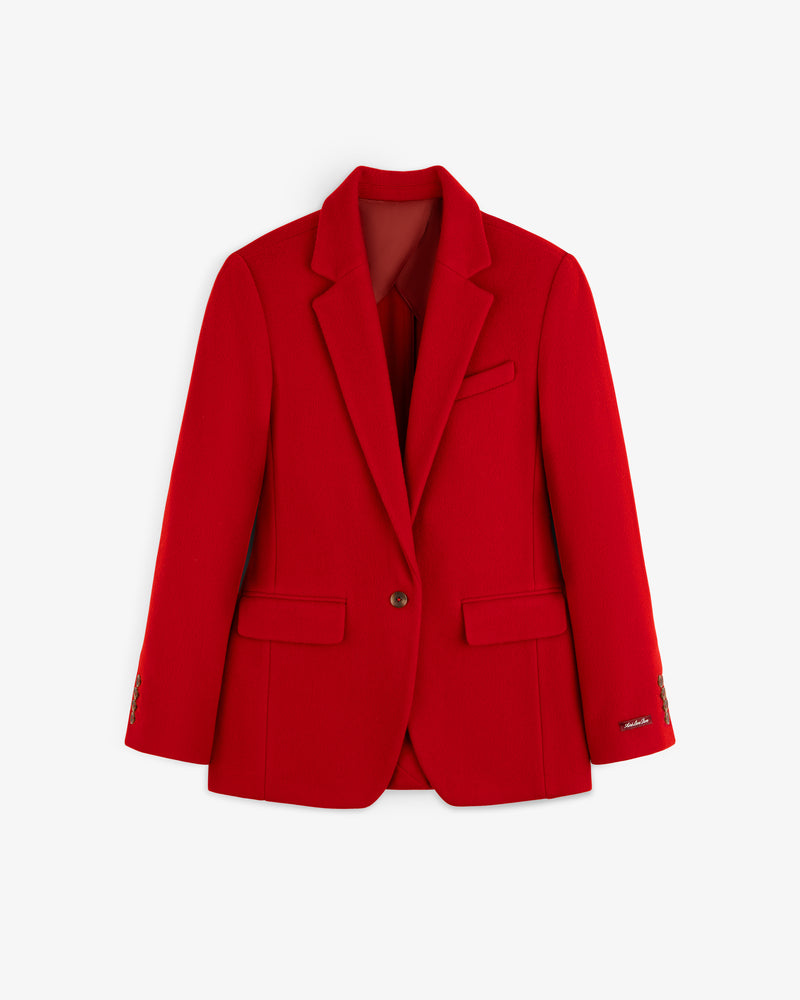 Bright red Wool Sportcoat, single-breasted with notched lapels and two front flap pockets.