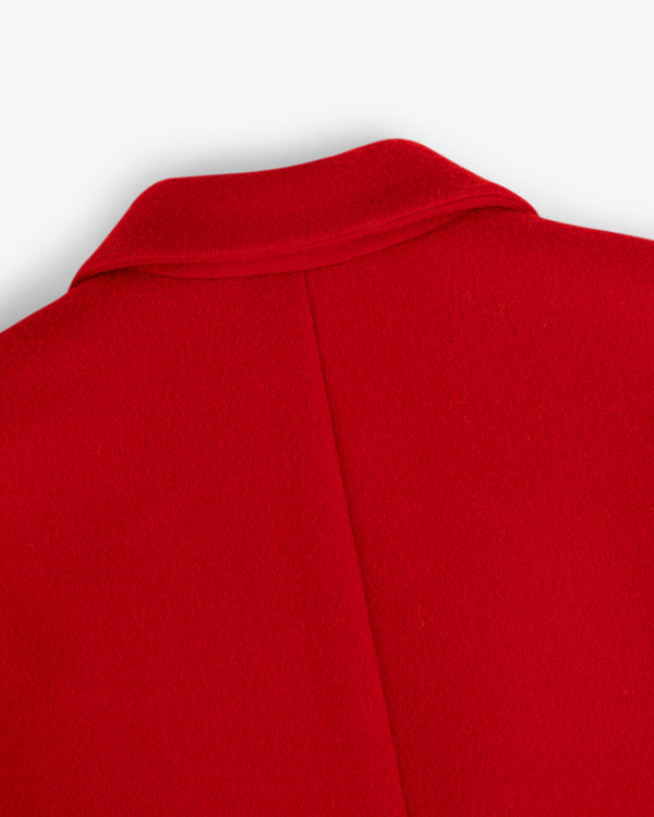 Close-up of the collar and center back seam of a red Wool Sportcoat.