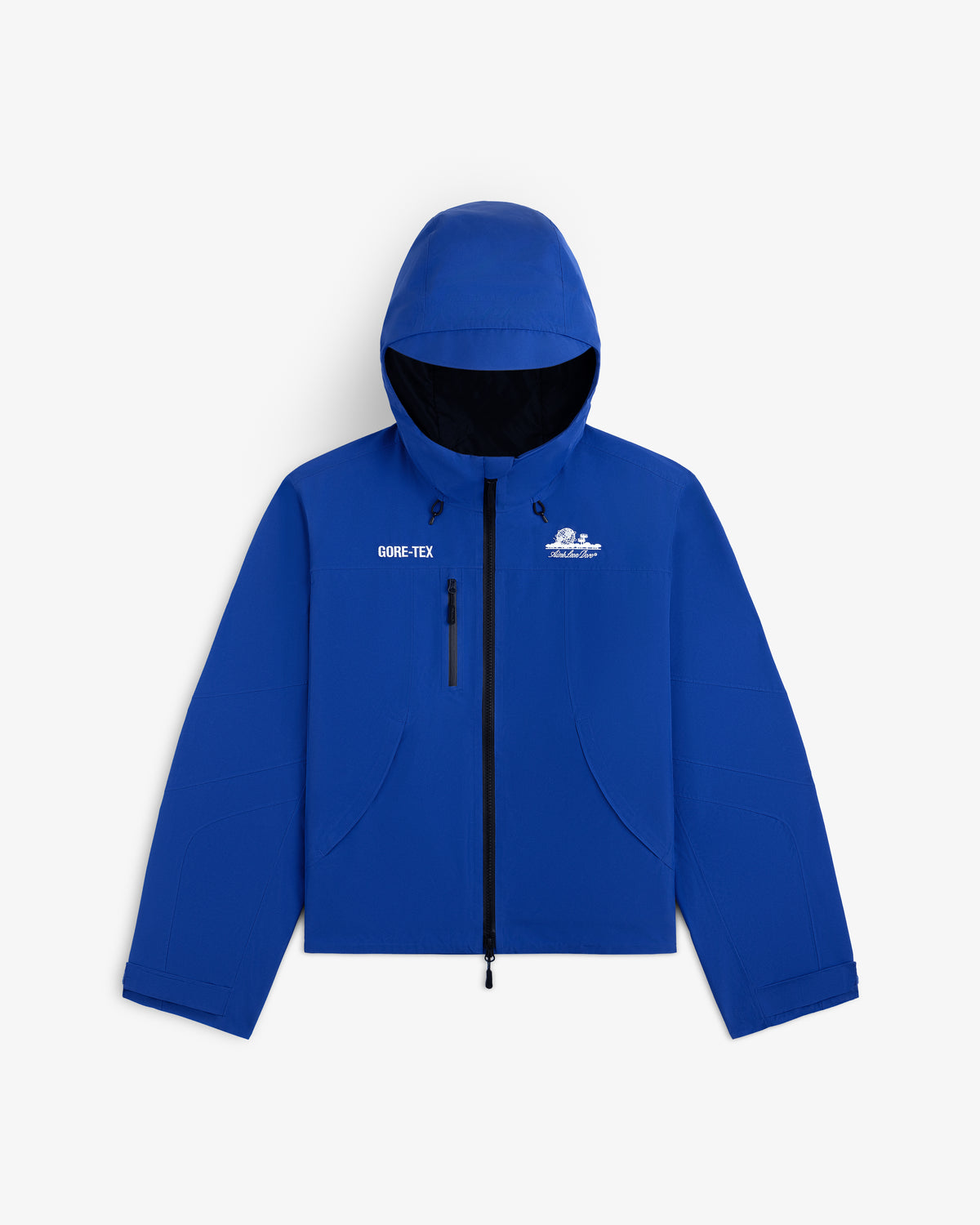 Blue Cropped GORE-TEX Shell Jacket with a front zipper, GORE-TEX logo on the right chest, and a graphic on the left chest.