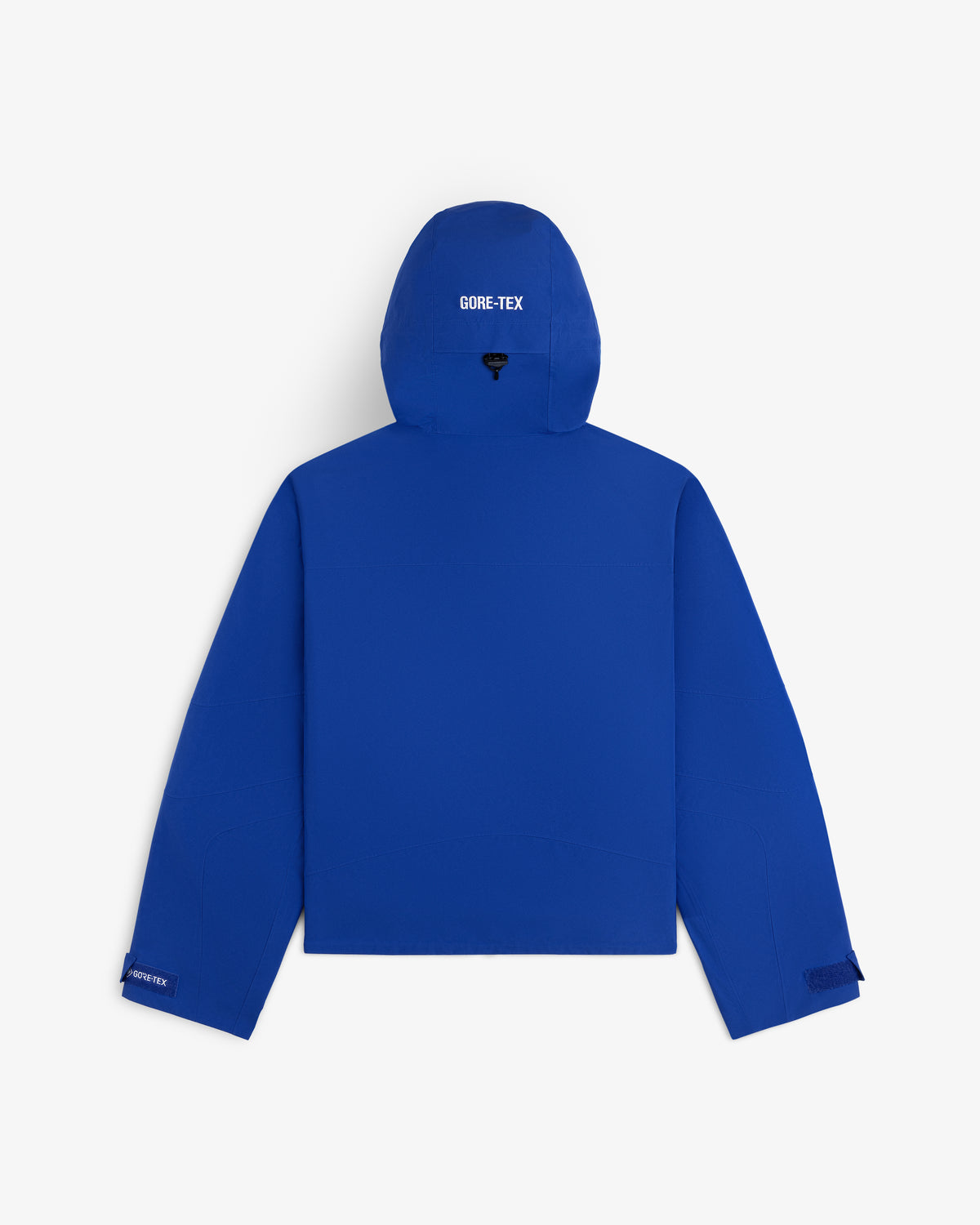 Back view of a blue Cropped GORE-TEX Shell Jacket with text on the hood and sleeve cuff.