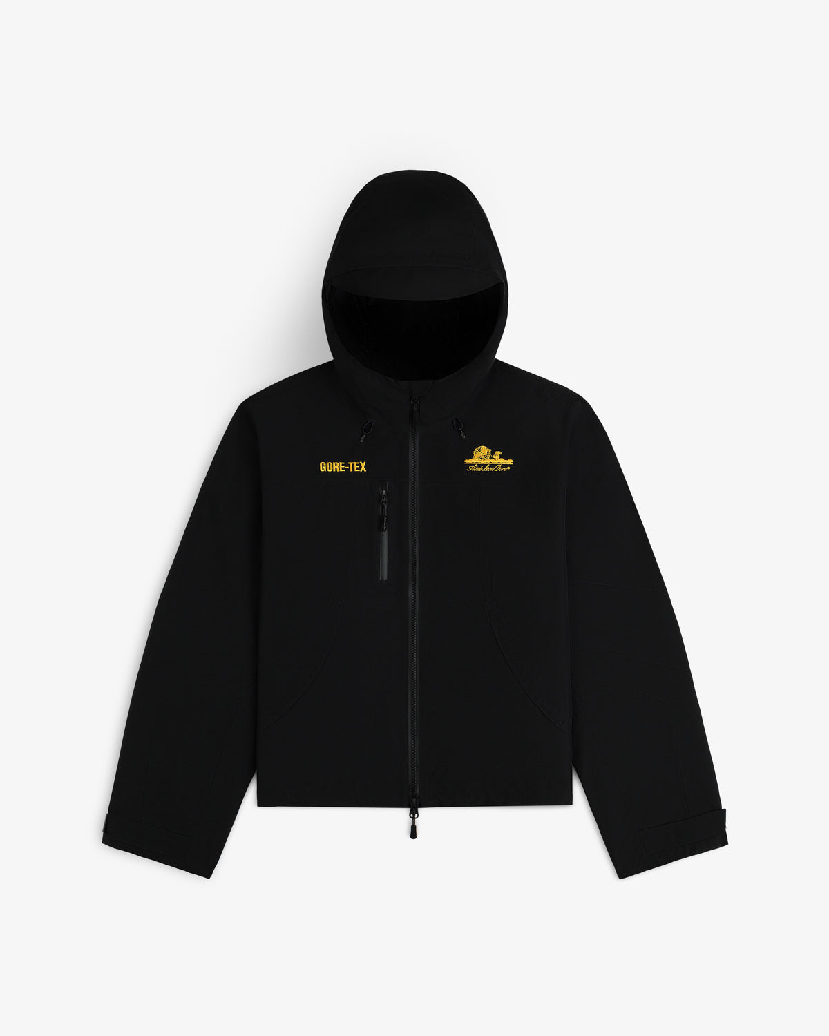 Black hooded Cropped GORE-TEX Shell Jacket with yellow text and a logo on the chest.