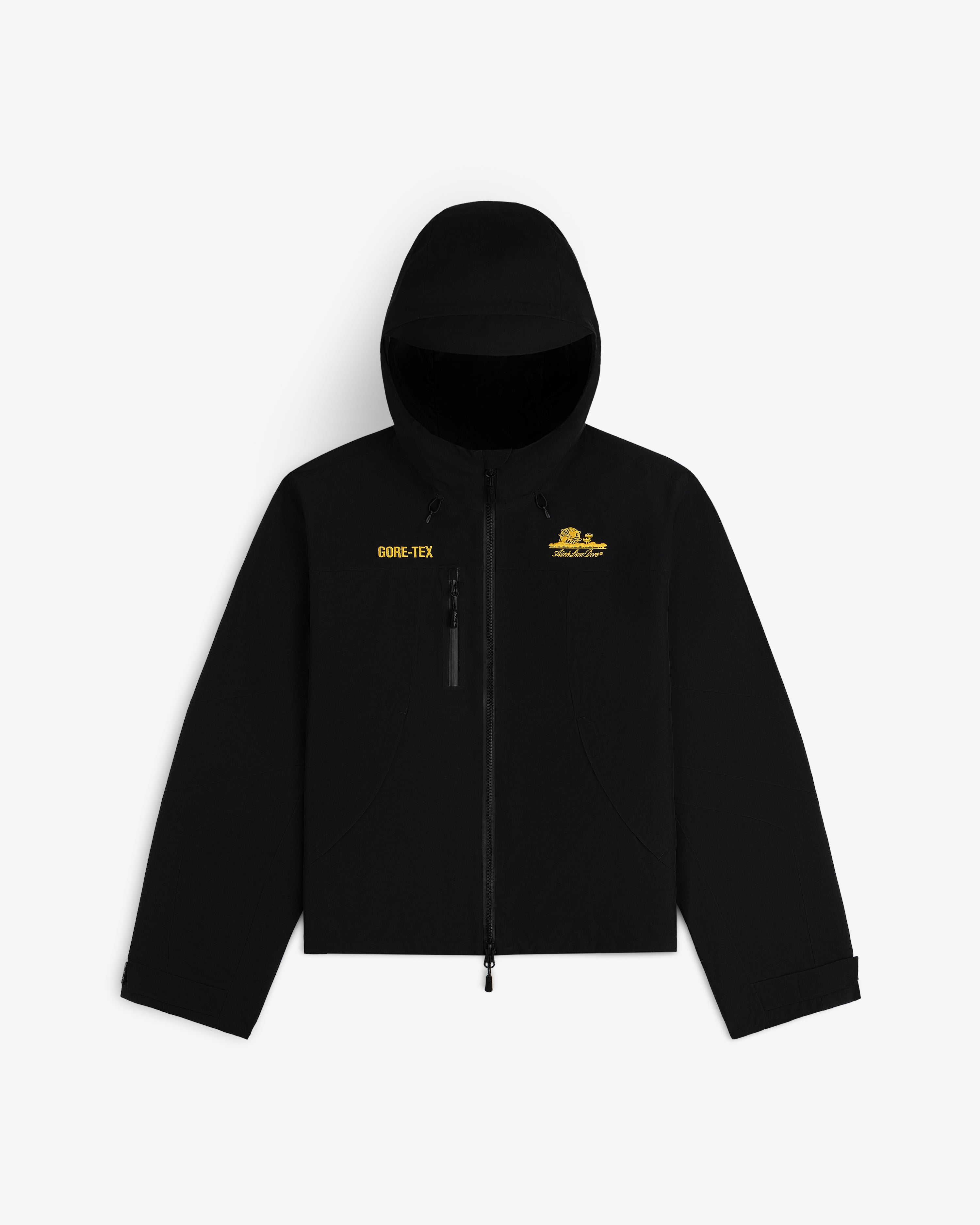Black hooded Cropped GORE-TEX Shell Jacket with yellow text and a logo on the chest.