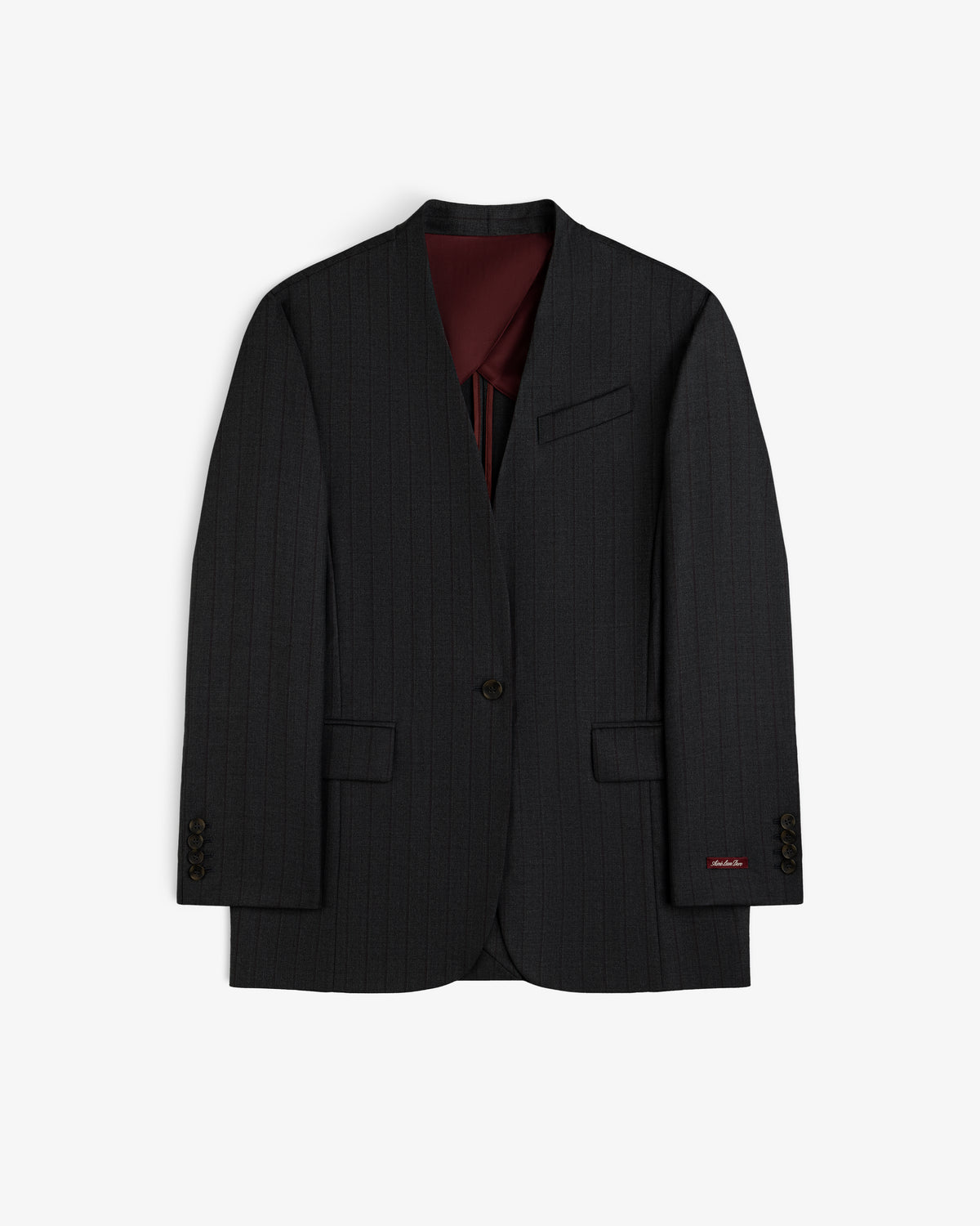 Collarless Striped Blazer in dark grey pinstriped fabric with a single button closure and deep red lining.