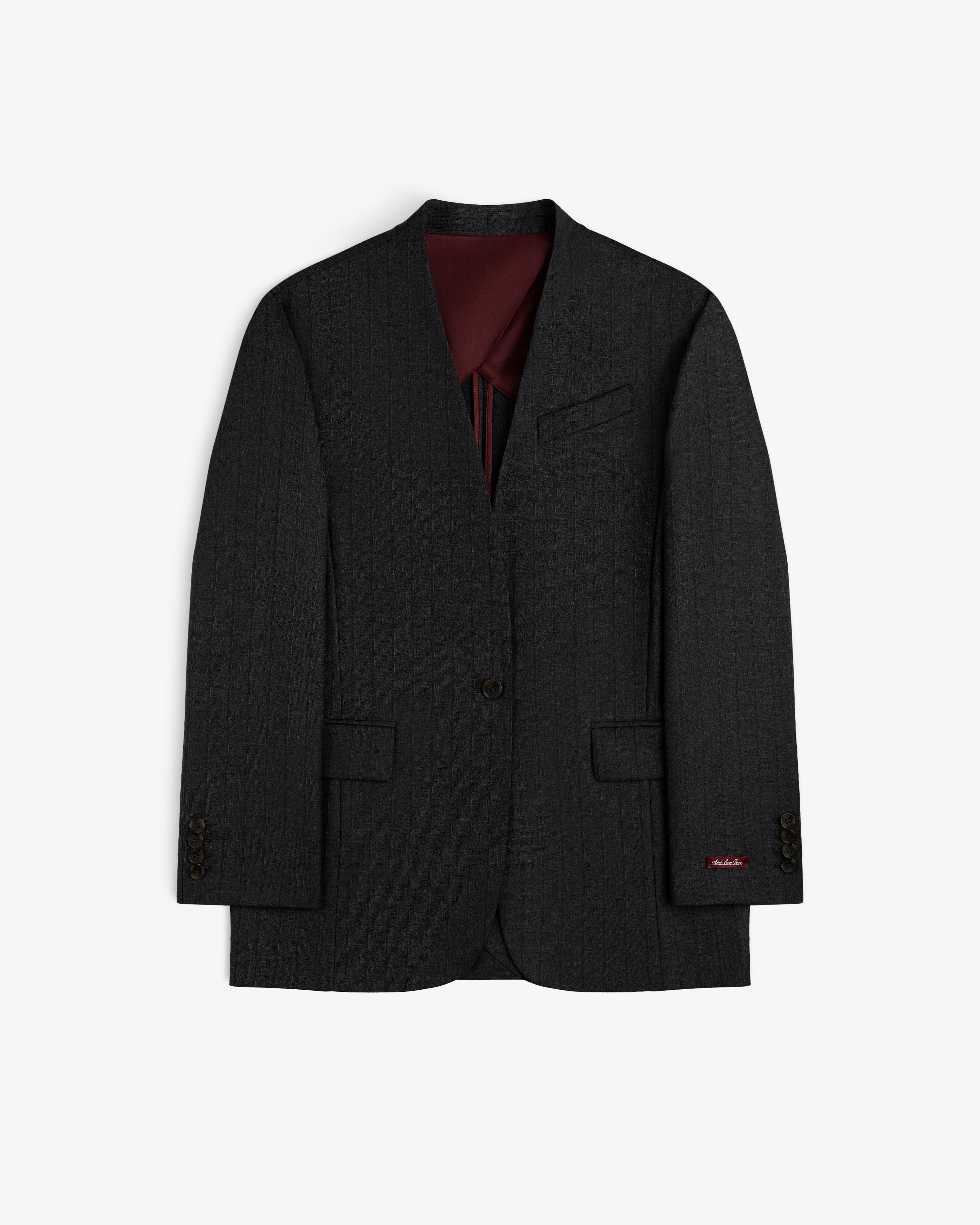 Collarless Striped Blazer in dark grey pinstriped fabric with a single button closure and deep red lining.