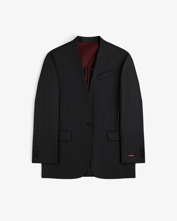 Collarless Striped Blazer in dark grey pinstriped fabric with a single button closure and deep red lining.
