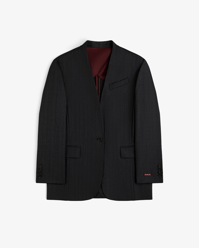 Collarless Striped Blazer in dark grey pinstriped fabric with a single button closure and deep red lining.