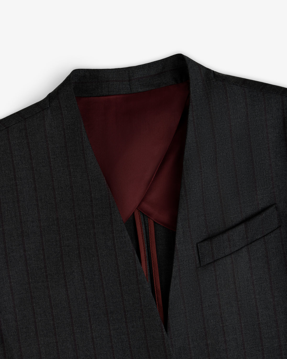 Collarless Striped Blazer in dark grey with pinstripes and a deep red lining.