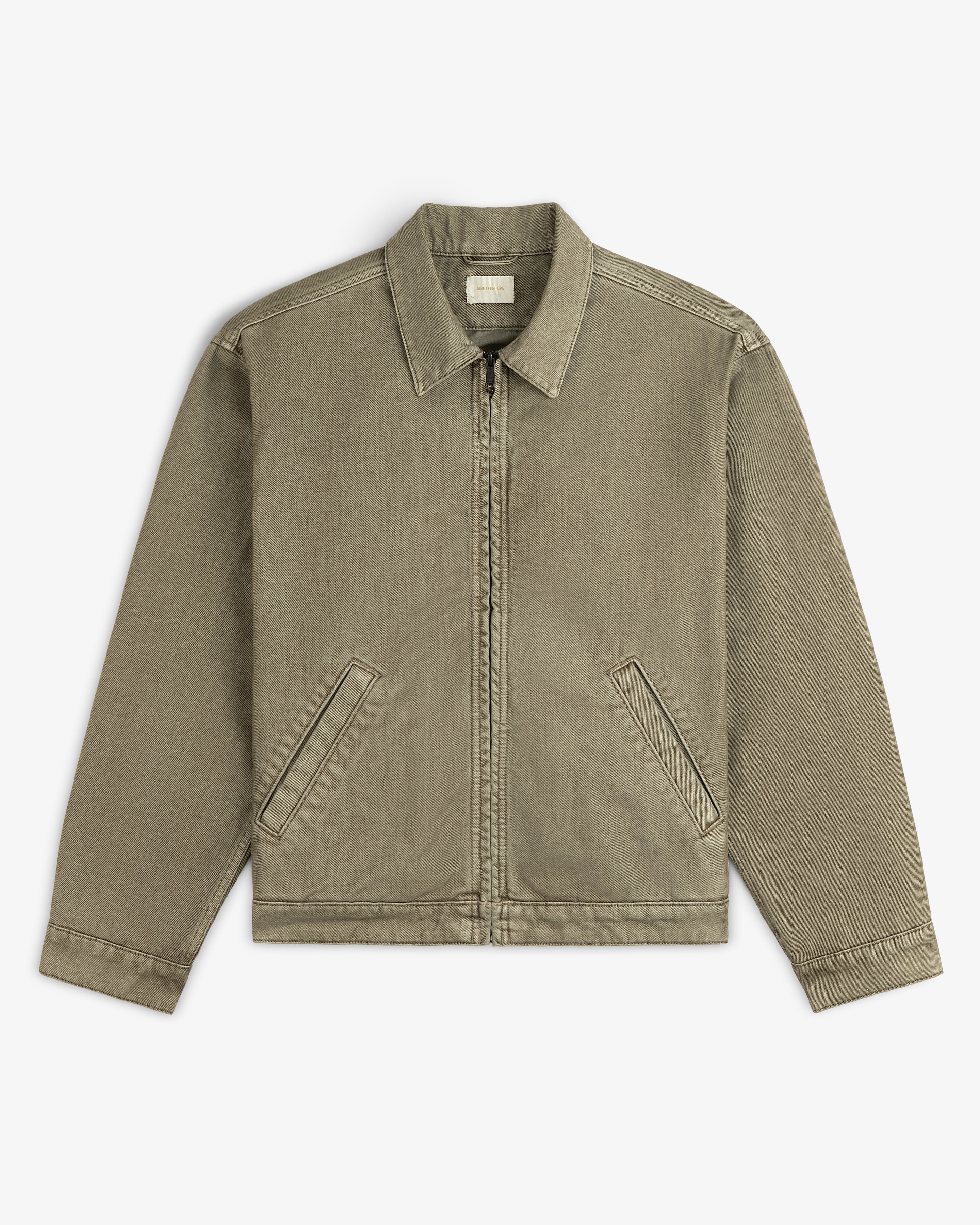 Olive green Flocked Denim Jacket with a zip-up front, a collar, and two slanted front pockets.