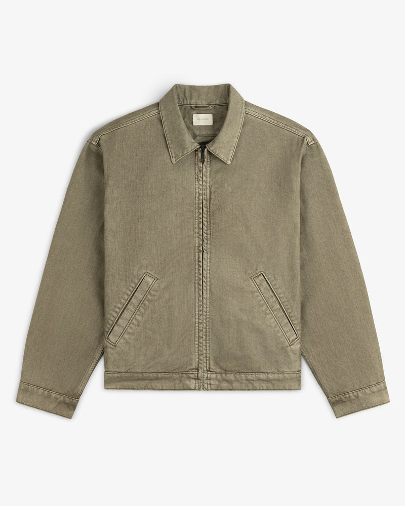 Olive green Flocked Denim Jacket with a zip-up front, a collar, and two slanted front pockets.