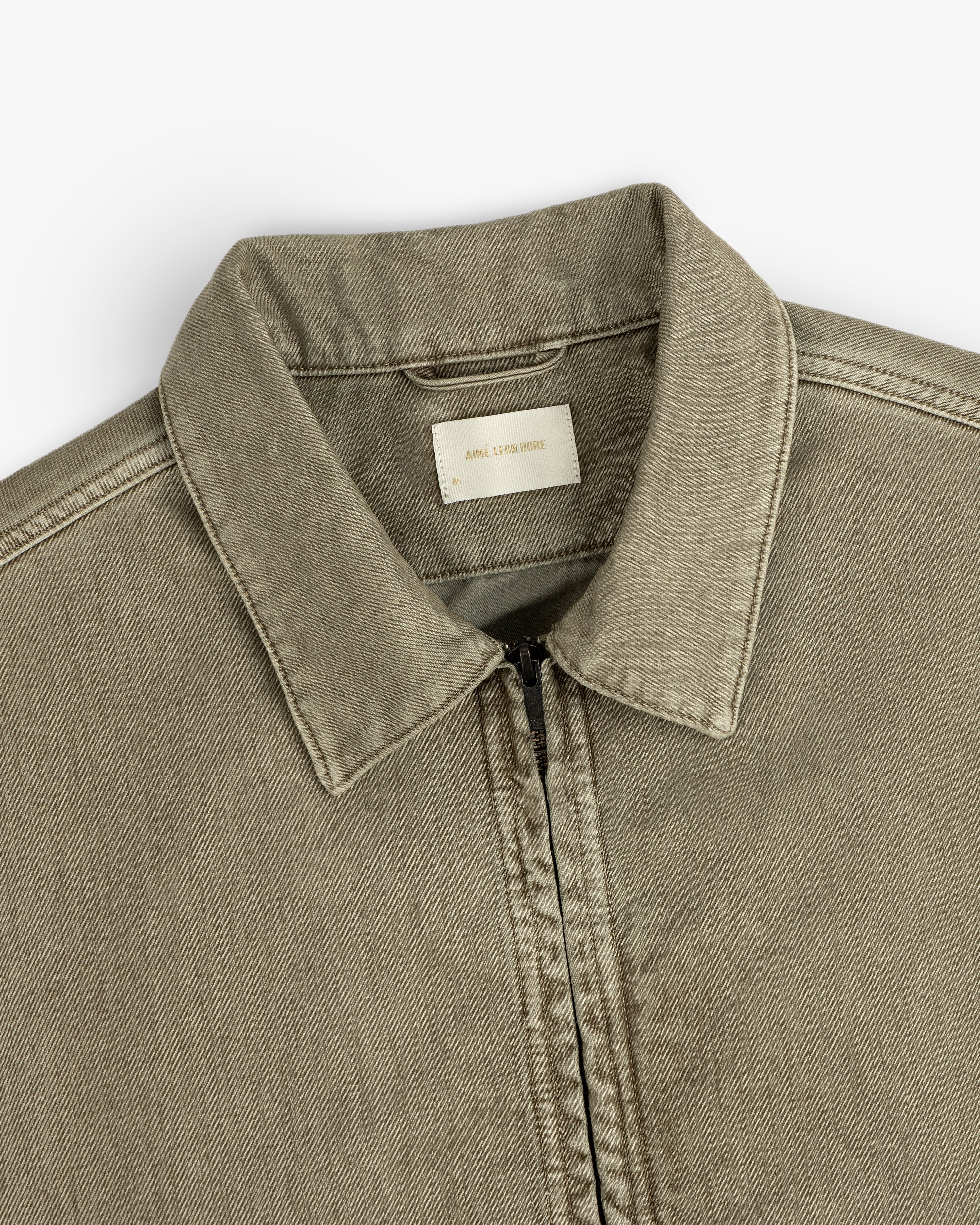 Olive green Flocked Denim zip-up jacket with a collar and a branded neck label.