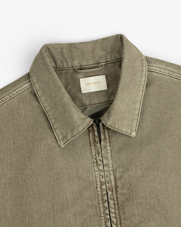 Olive green Flocked Denim zip-up jacket with a collar and a branded neck label.