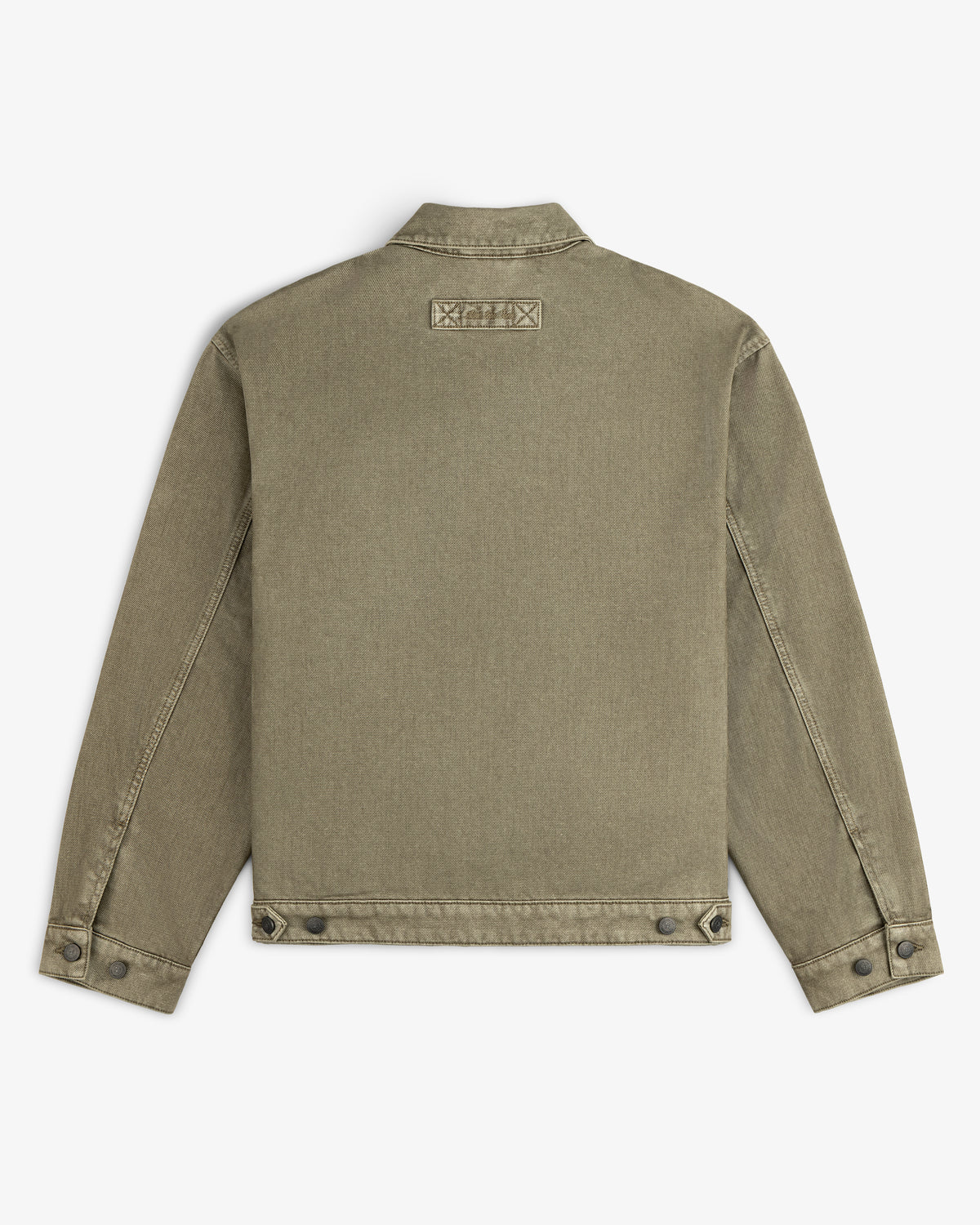 Back view of an olive green Flocked Denim Jacket with a buttoned hem and cuffs.