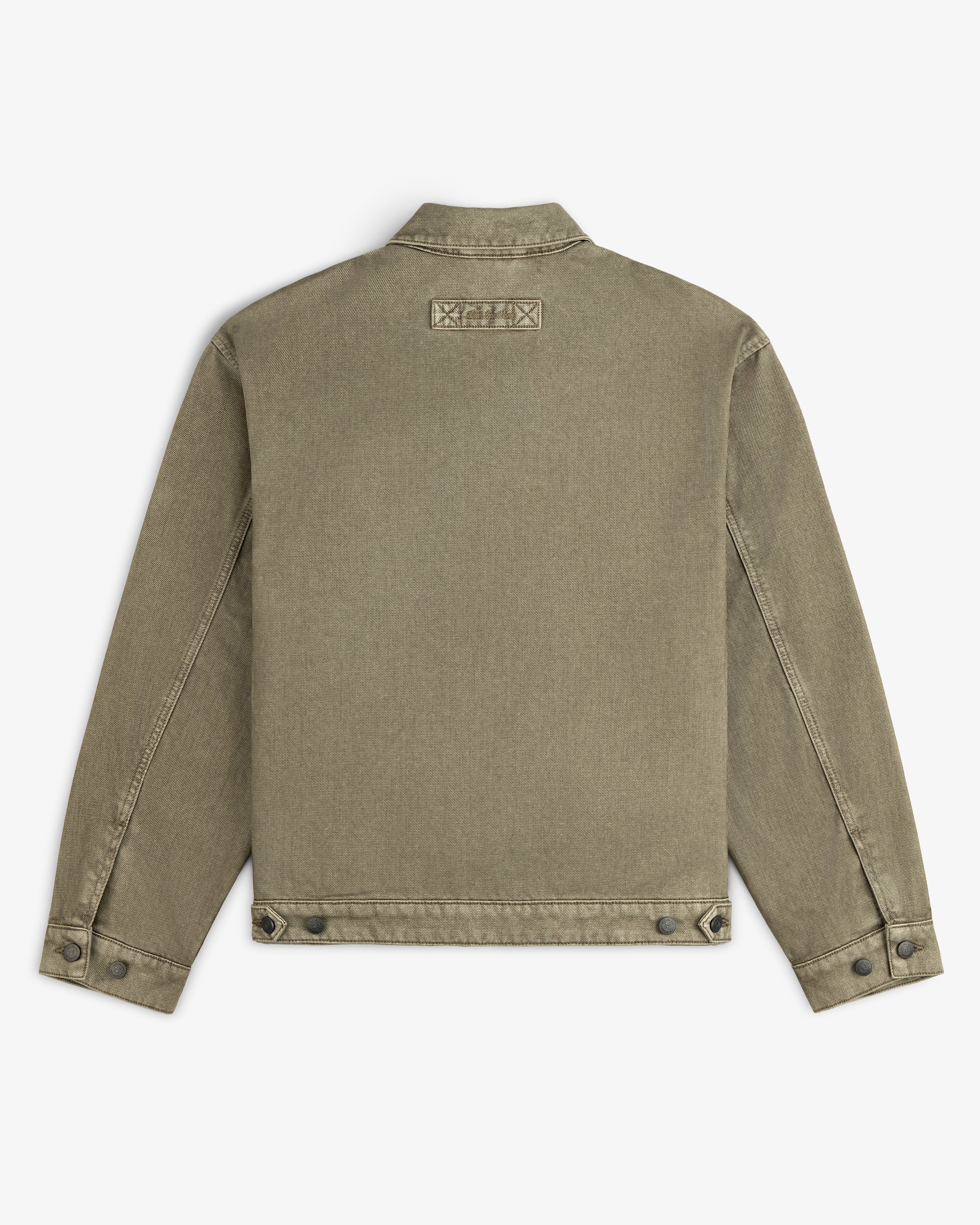 Back view of an olive green Flocked Denim Jacket with a buttoned hem and cuffs.
