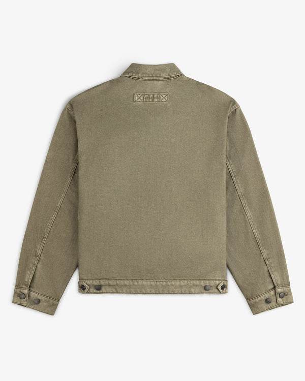 Back view of an olive green Flocked Denim Jacket with a buttoned hem and cuffs.