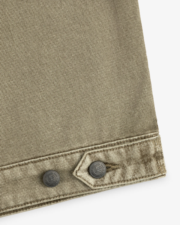 Olive green Flocked Denim Jacket detail showing a buttoned hem and two metallic buttons.