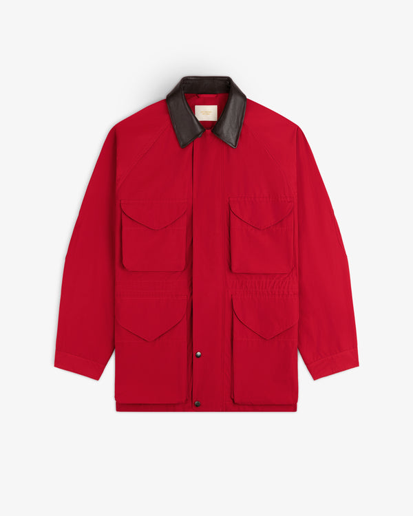 Lightweight Barn Jacket in red with four front pockets and dark collar, shown on white background.