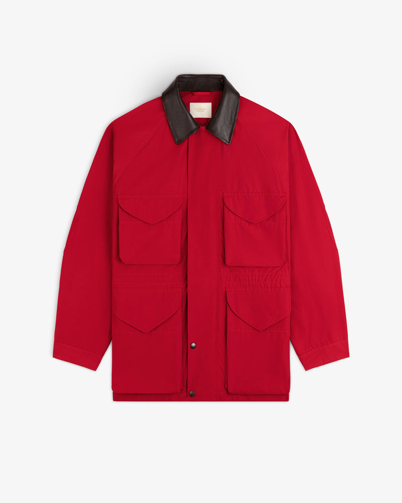 Lightweight Barn Jacket in red with four front pockets and dark collar, shown on white background.