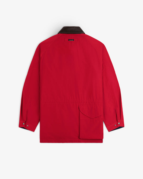 Lightweight Barn Jacket, red with black collar, back view, one side pocket, buttoned cuffs, white background.