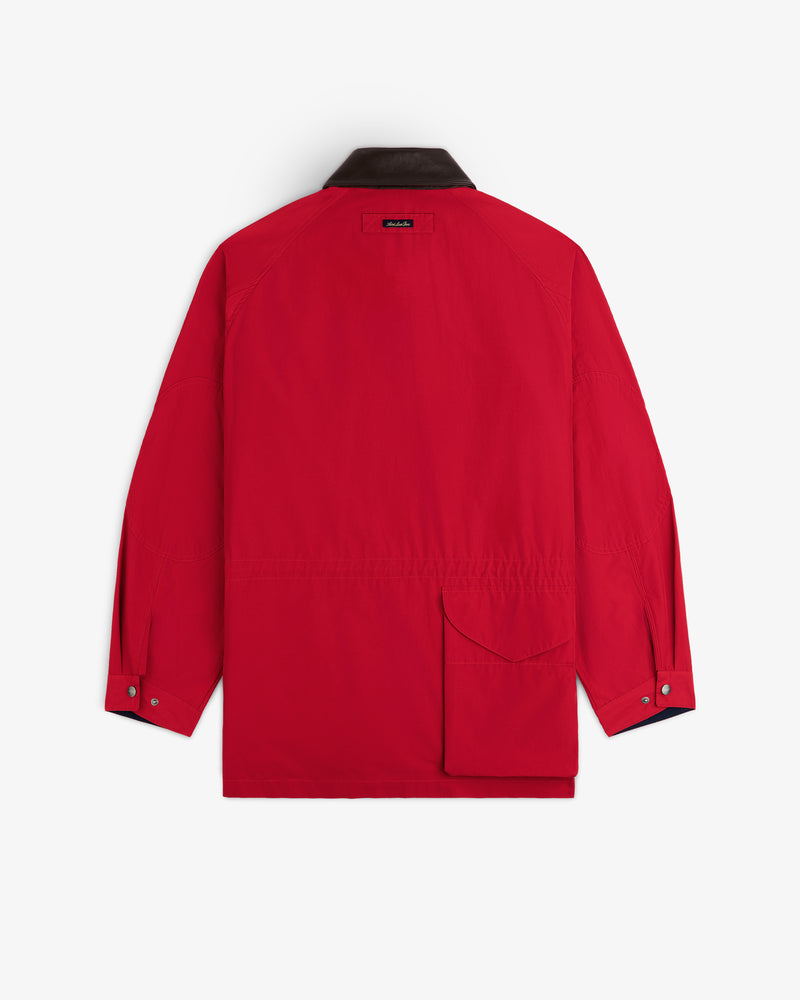 Lightweight Barn Jacket, red with black collar, back view, one side pocket, buttoned cuffs, white background.