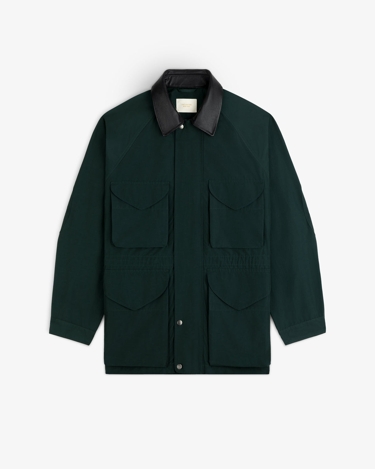 Lightweight Barn Jacket in dark green with four front pockets and black collar, shown flat on white background.
