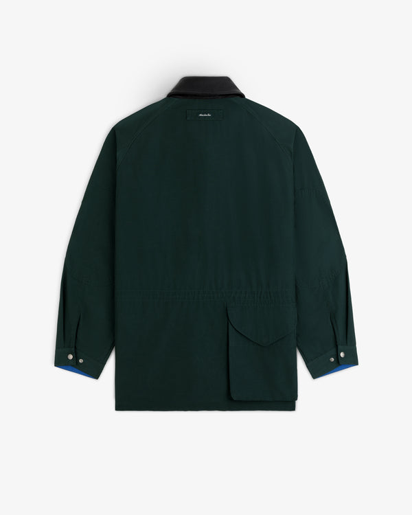 Lightweight Barn Jacket in dark green, shown from the back with a side pocket and buttoned cuffs.