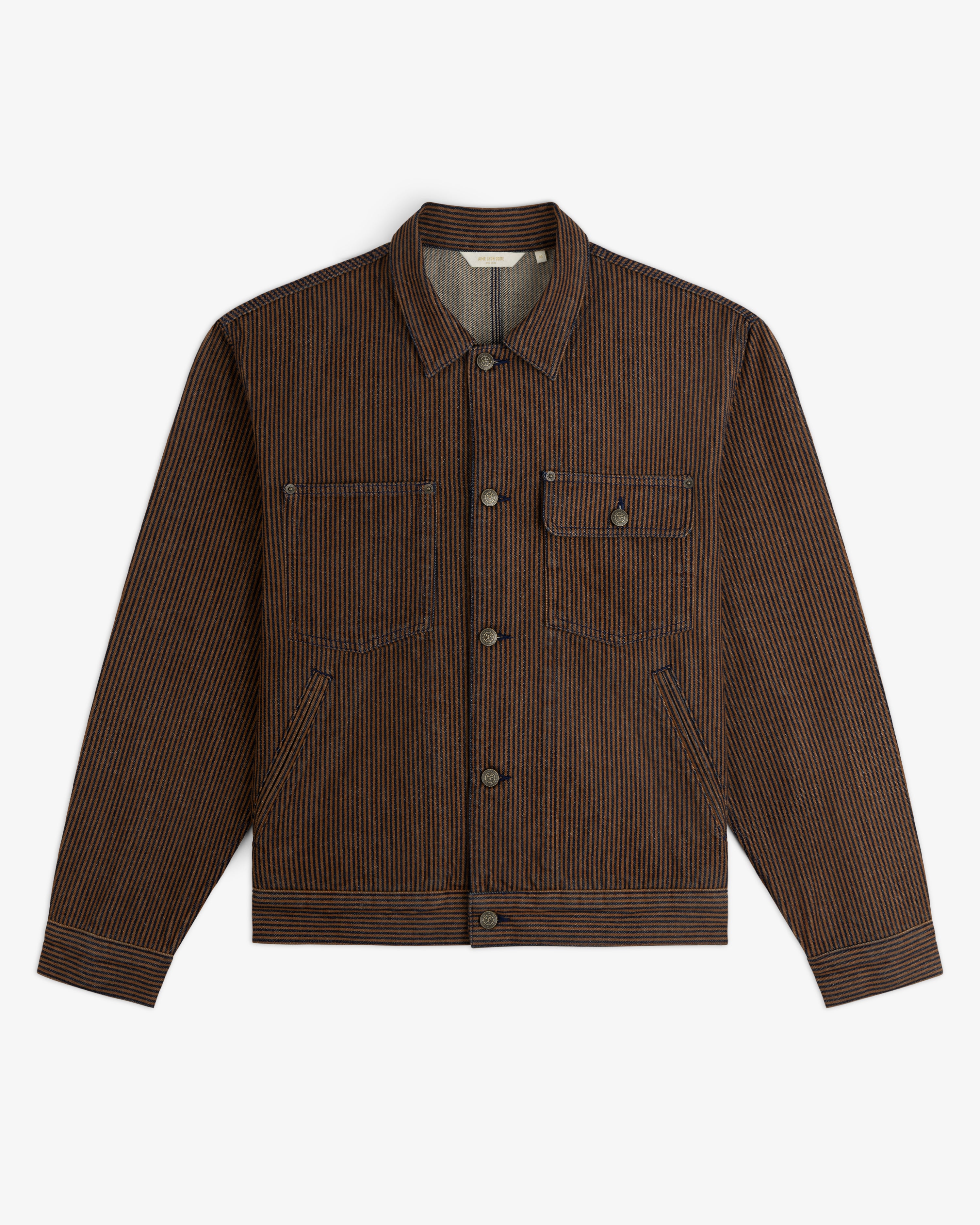 Hickory Stripe Denim Trucker Jacket—brown/black stripes, button-up, 2 chest & 2 side pockets, shown flat on white.