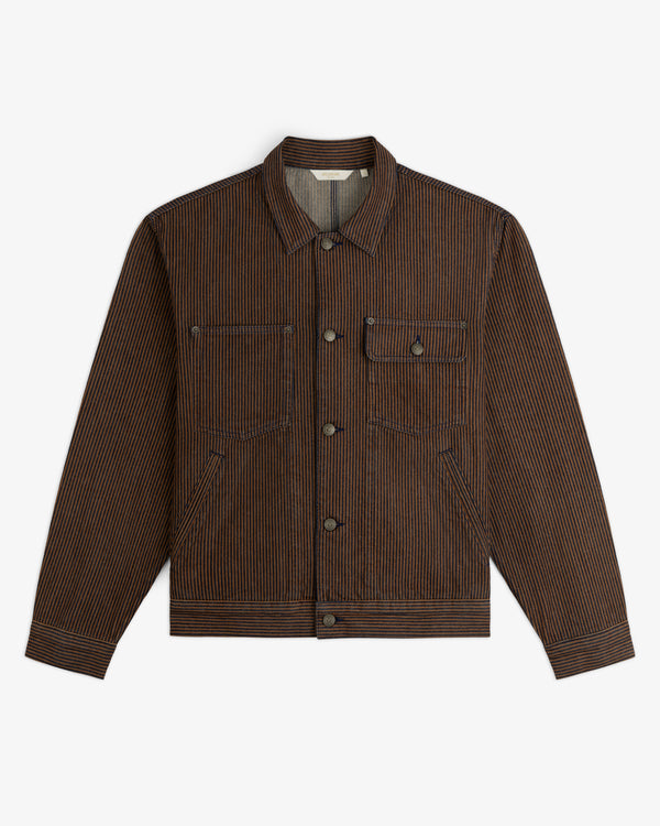 Hickory Stripe Denim Trucker Jacket—brown/black stripes, button-up, 2 chest & 2 side pockets, shown flat on white.