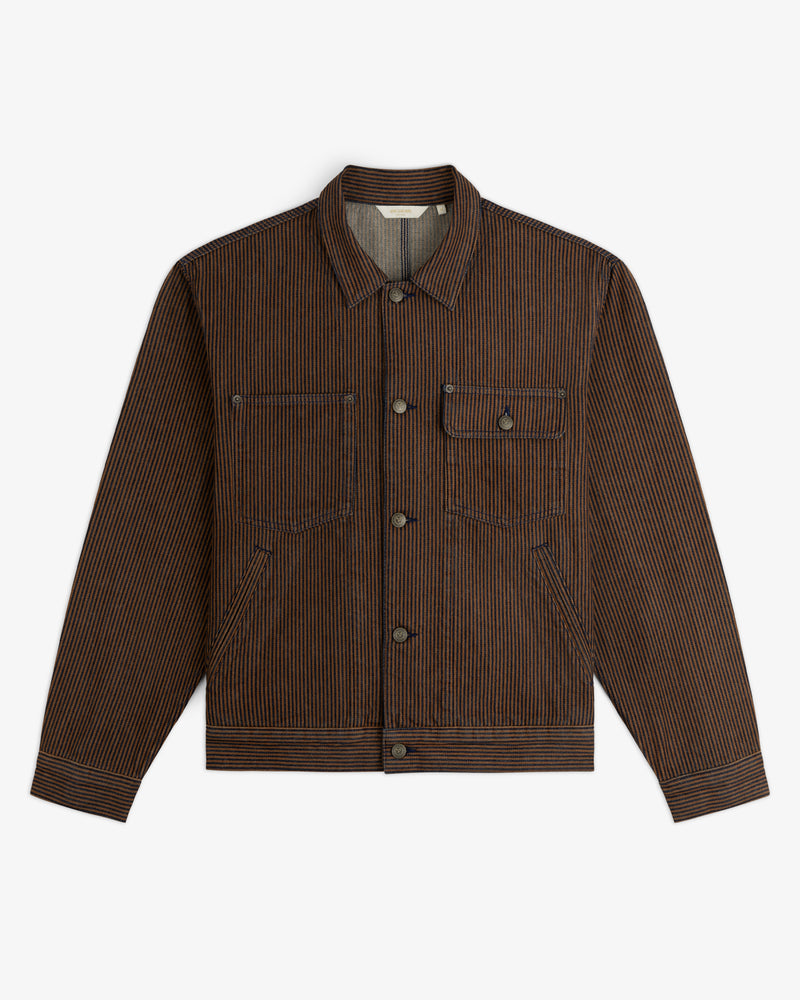 Hickory Stripe Denim Trucker Jacket—brown/black stripes, button-up, 2 chest & 2 side pockets, shown flat on white.