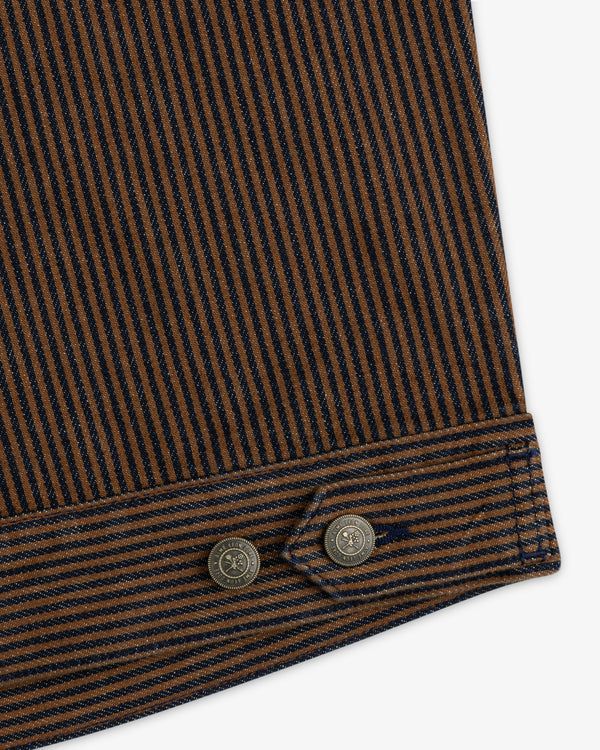 Hickory Stripe Denim Trucker Jacket with brown-navy stripes, visible stitching, and two metal buttons on cuffed edges.