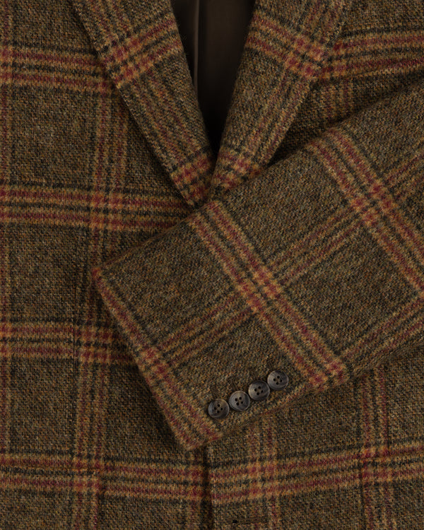 Single-Breasted Plaid Tweed Suit Jacket in brown with four buttons on the sleeve cuff.