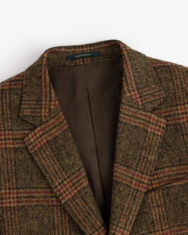 Single-Breasted Plaid Tweed Suit Jacket in brown with a brown lining and a Made in Italy label at the collar.