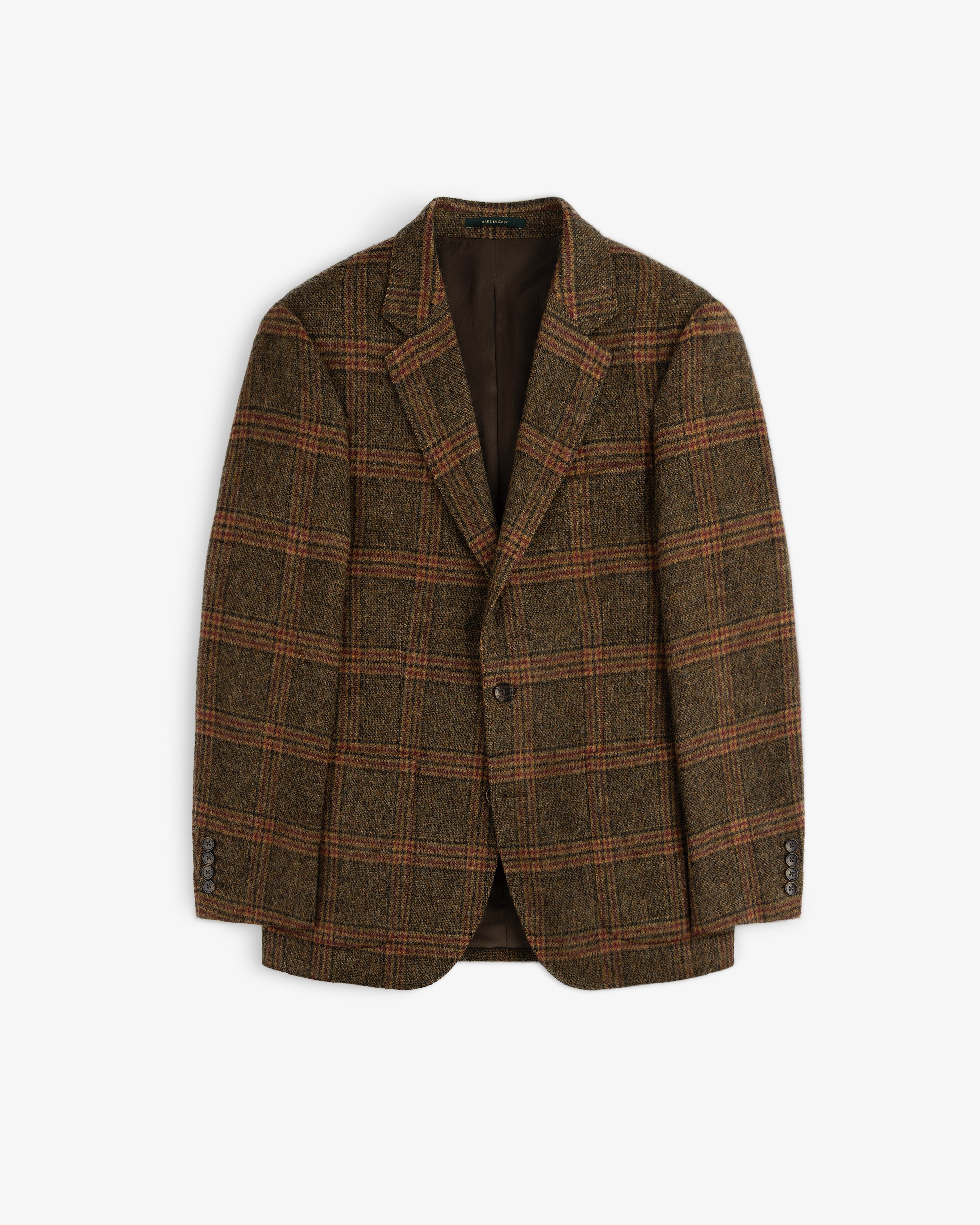 Single-Breasted Plaid Tweed Suit Jacket in brown with a button closure.