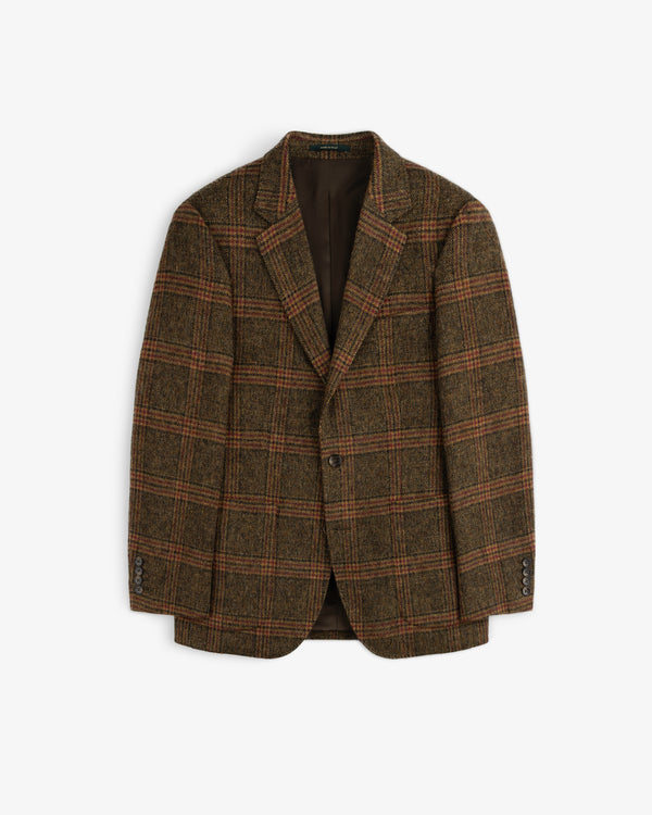 Single-Breasted Plaid Tweed Suit Jacket in brown with a button closure.