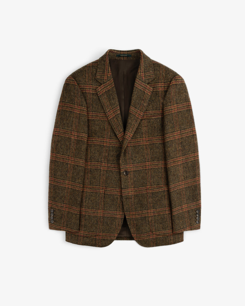 Single-Breasted Plaid Tweed Suit Jacket in brown with a button closure.