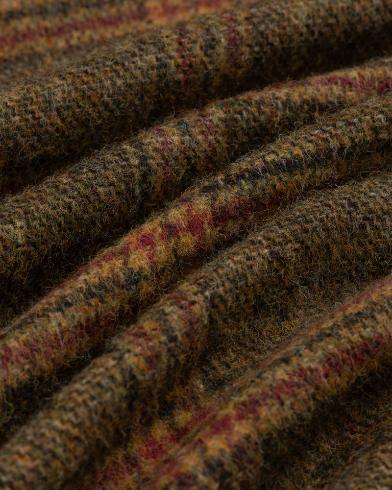 Close-up of the brown and red plaid tweed fabric on a Single-Breasted Plaid Tweed Suit Jacket with a textured surface.